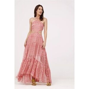 MISA LA Women's XLarge Maxi Dress Dailia Halter Cutout Pink Ruffle Chiffon Beach